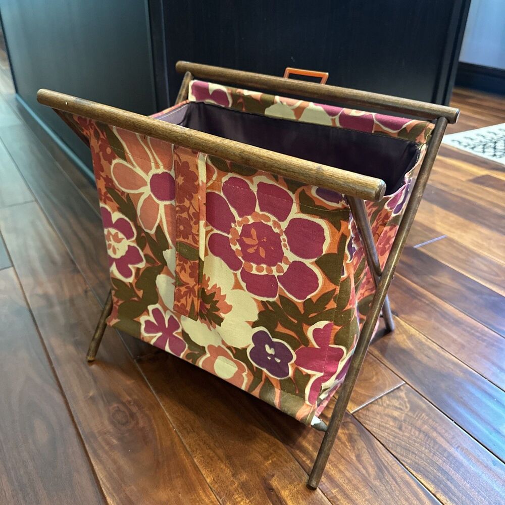 Vintage Sewing Caddy Folding Knitting Crafts Floral Flowers Fabric